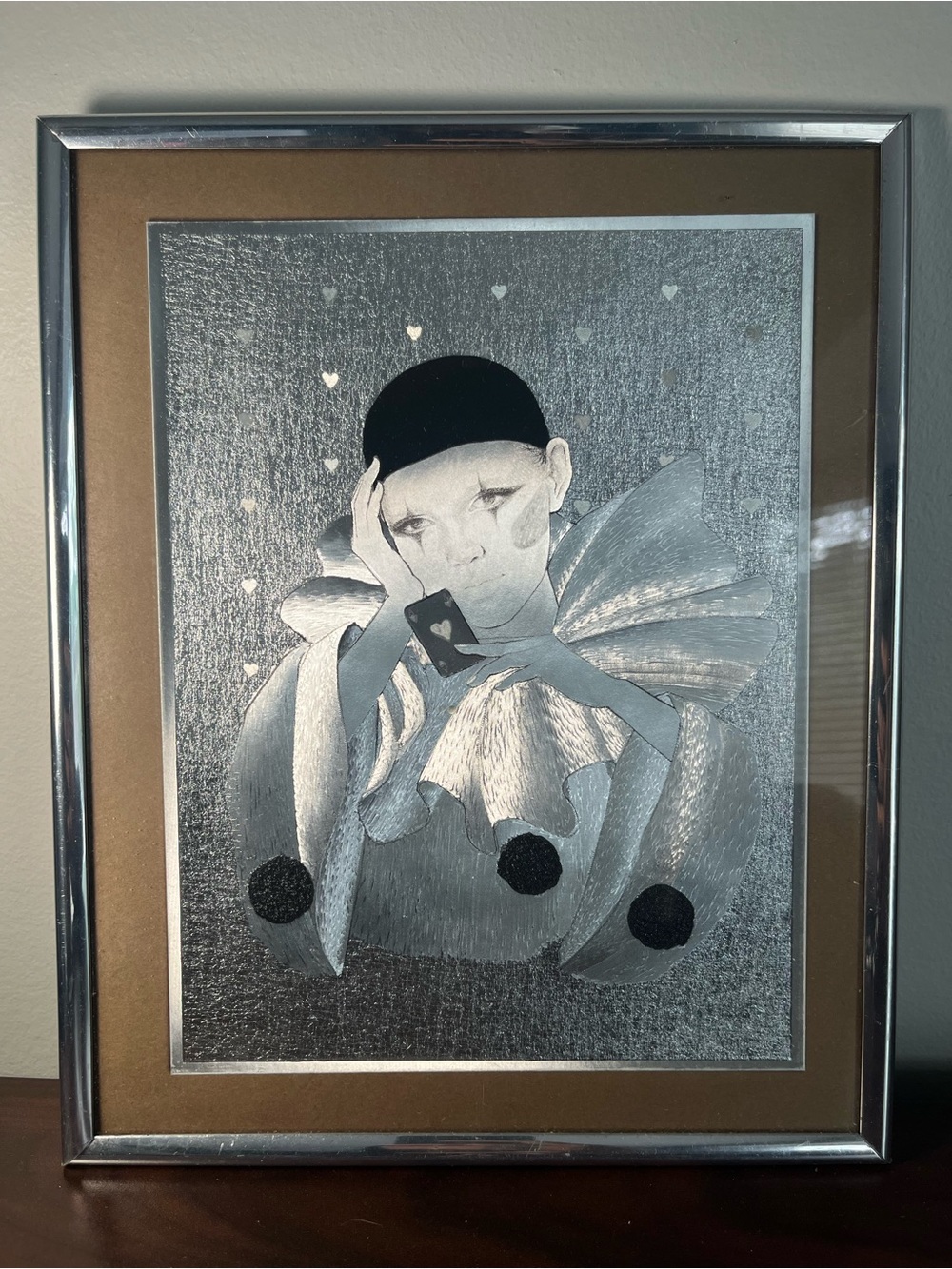 Vintage Art Deco Clown / Pierrot Framed Print • Silver Metallic leaf Retro Glam